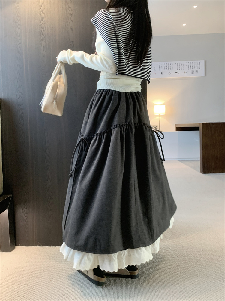 フレアスカート ティアードリボン付きコットンフレアスカート