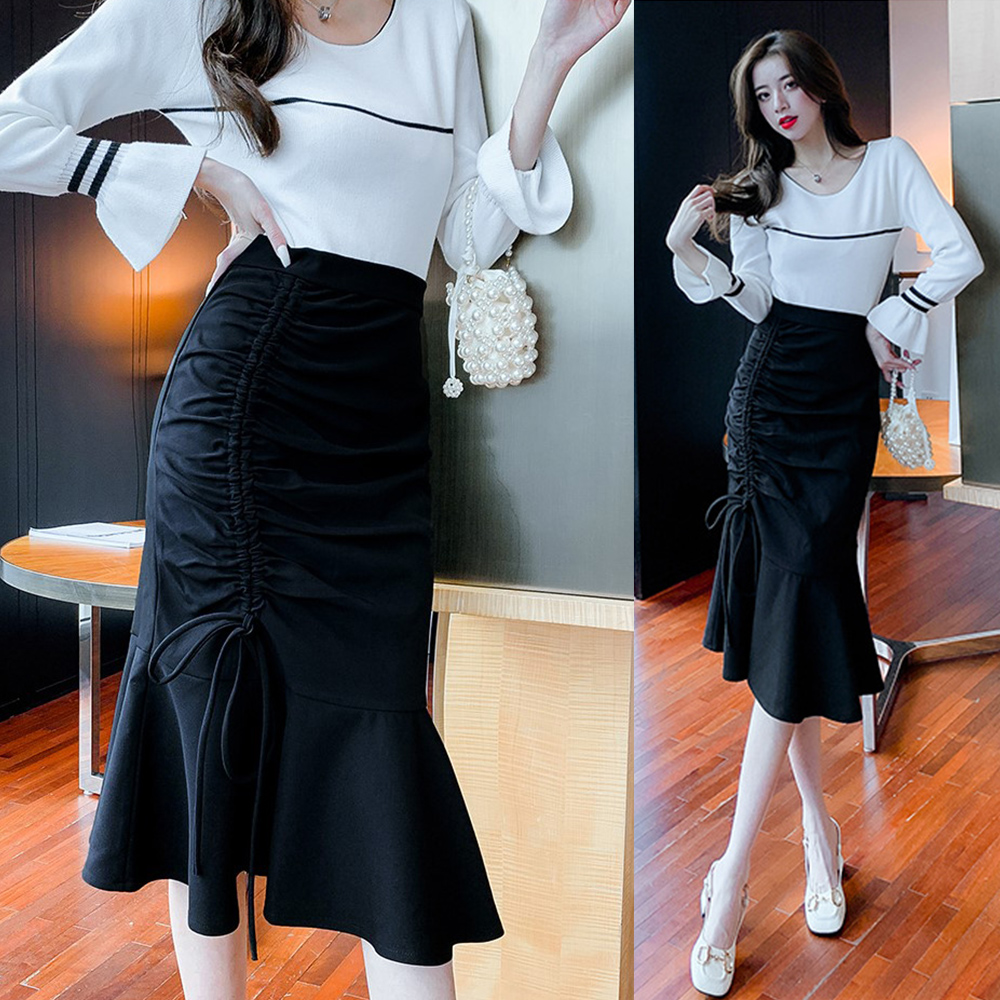 フレアスカート 編み上げマーメイドスカート ひざ丈 ハイウエスト