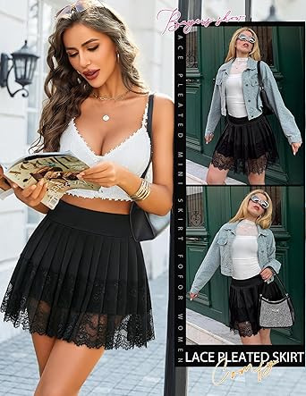 フレアスカート 裾レース切替プリーツフレアミニスカート