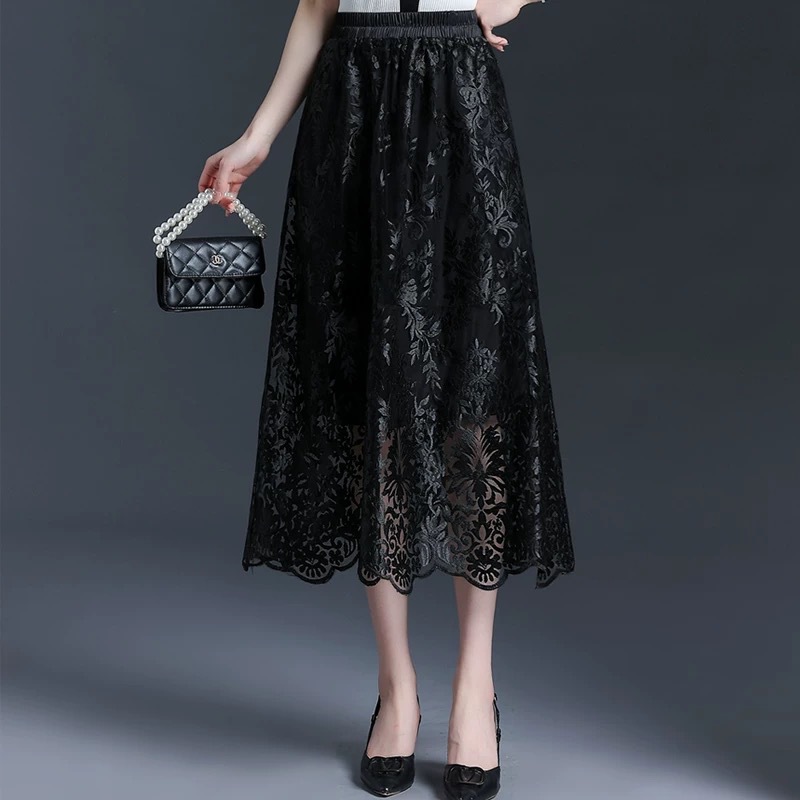 フレアスカート 花柄刺繍レース透け感エレガントフレアスカート