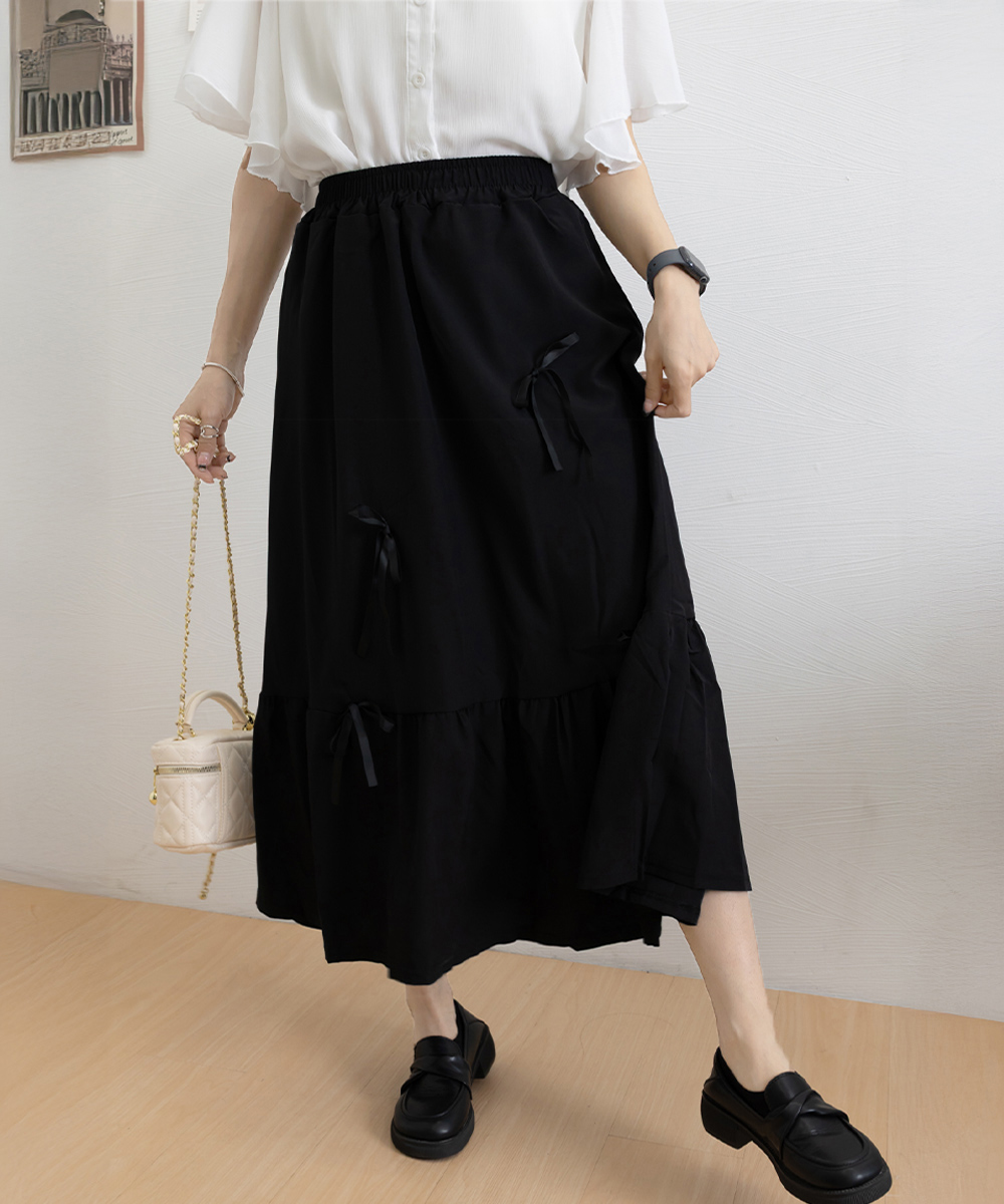 フレアスカート リボン付きマキシ丈ティアード段重ねロング丈スカート
