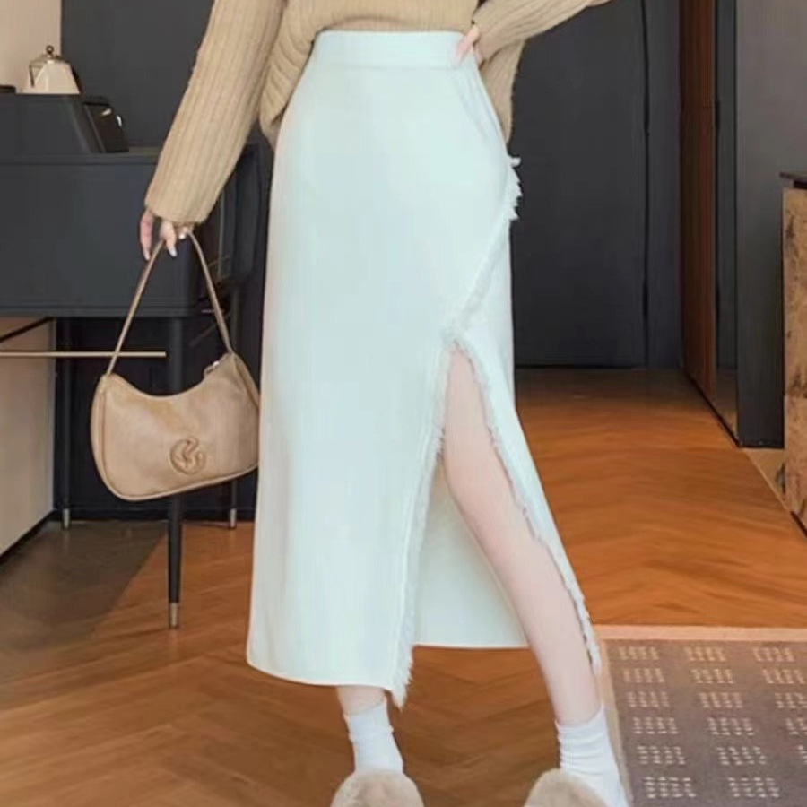 フレアスカート フリンジデザインサイドスリット入りフレアスカート