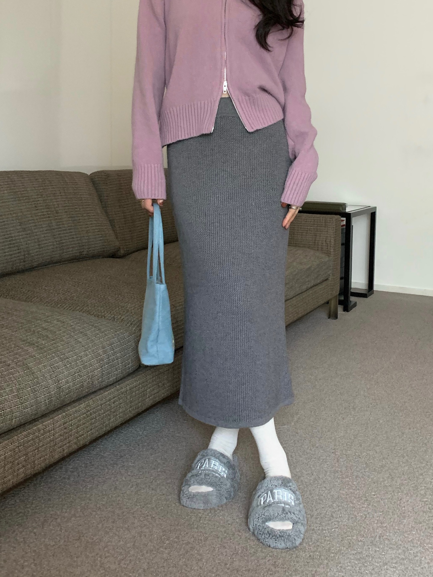 フレアスカート 上品な編み地フレアスカート足首丈ニット