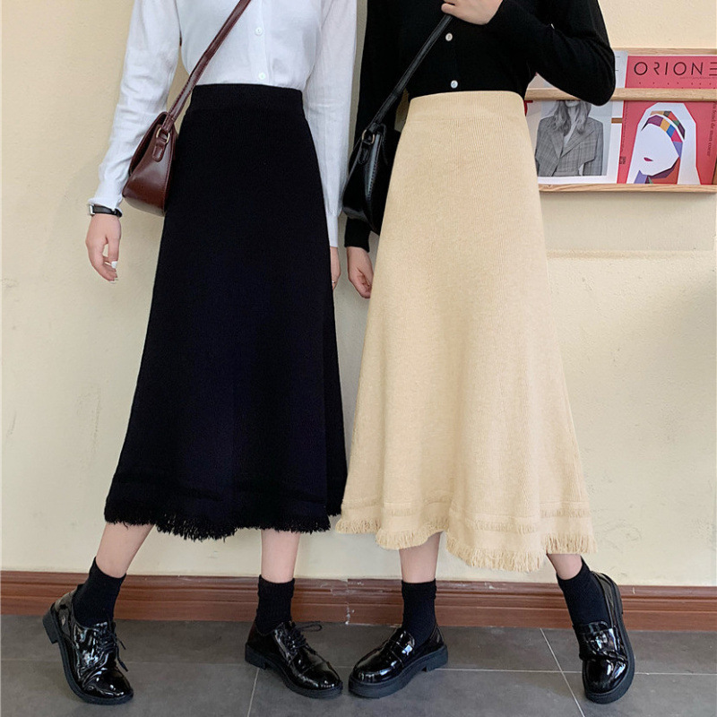フレアスカート 裾フリンジ付きニットフレアスカート