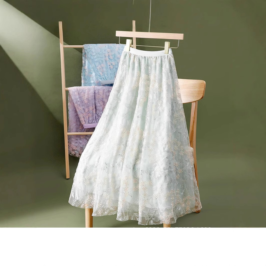 フレアスカート 小花刺繍チュールレース透け感フレアロングスカート