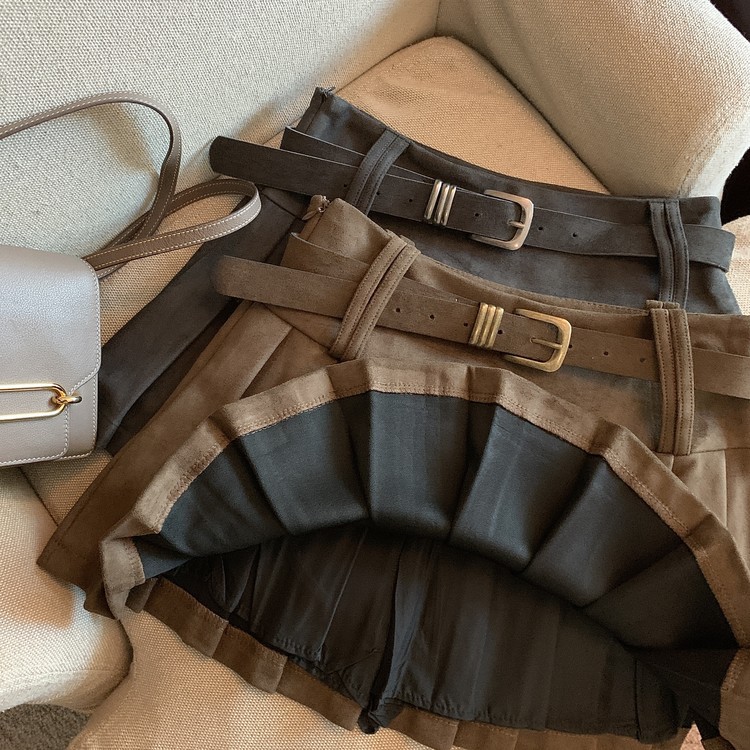 フレアスカート ベルト付きプリーツフレアスカート