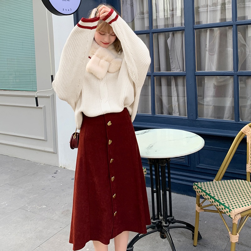 フレアスカート ハート型ボタン付きコーデュロイフレアスカート