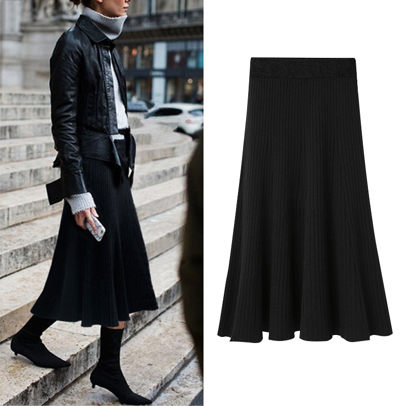 フレアスカート リブ編み縦ストライプ柄ニットフレアスカート