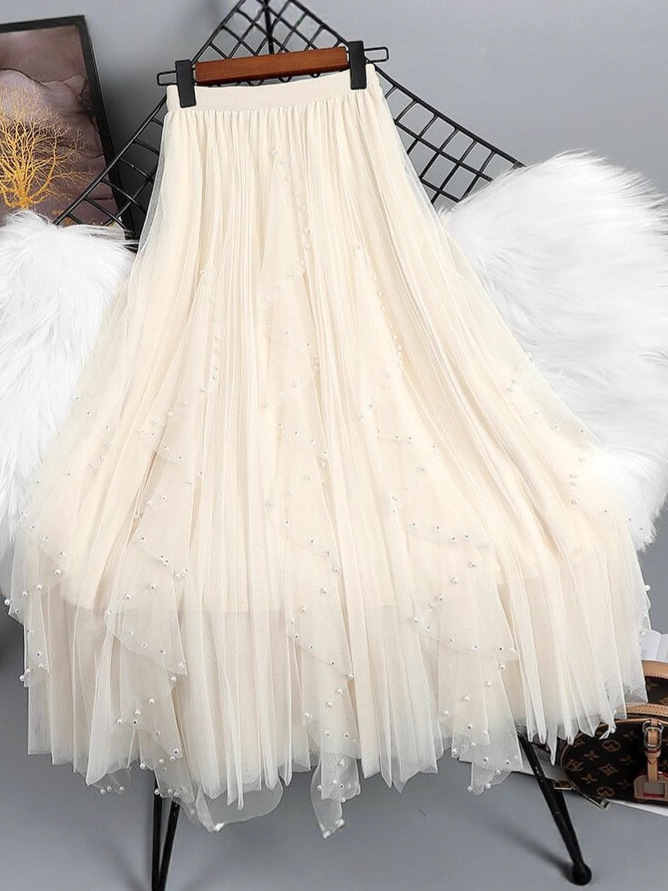 フレアスカート パール装飾チュールレイヤードフレアスカート