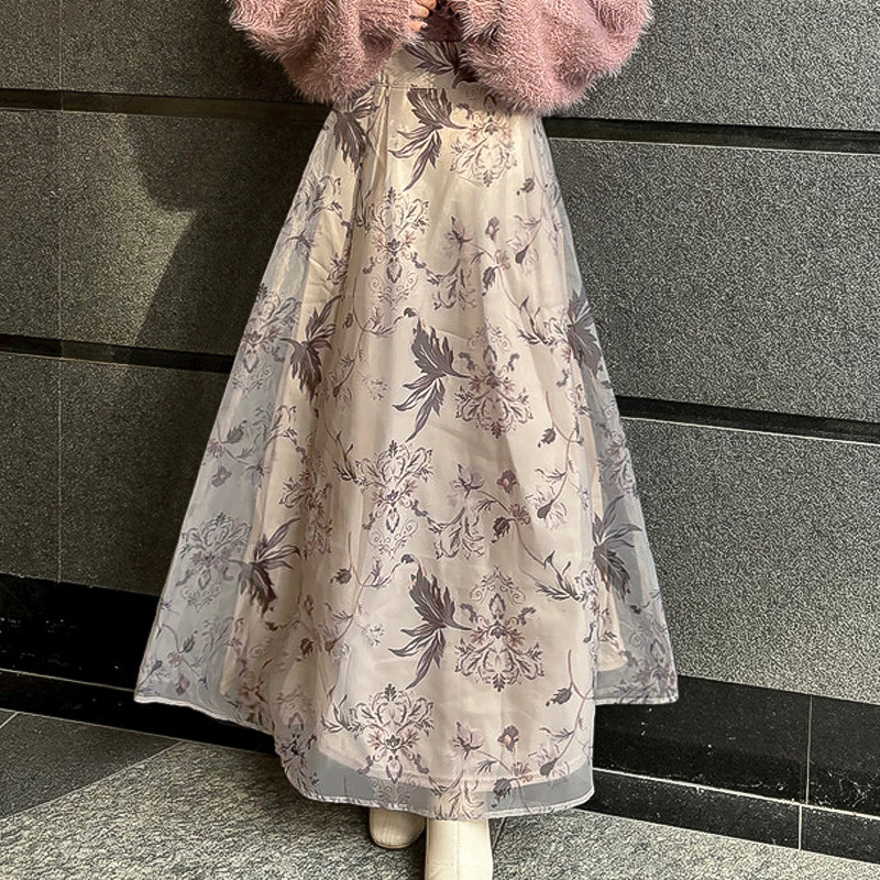 フレアスカート 花柄刺繍オーガンジー重ね着風フレアスカート