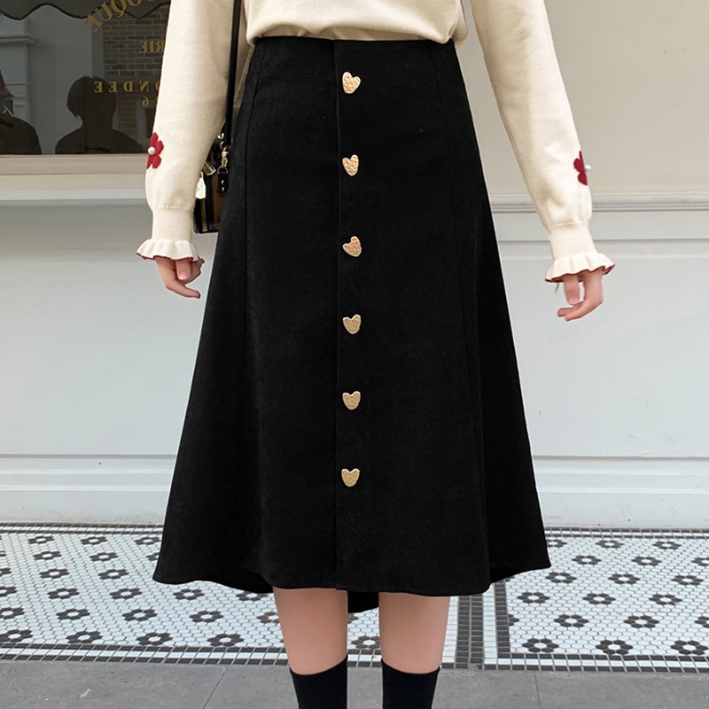 フレアスカート ハート型ボタン付きコーデュロイフレアスカート