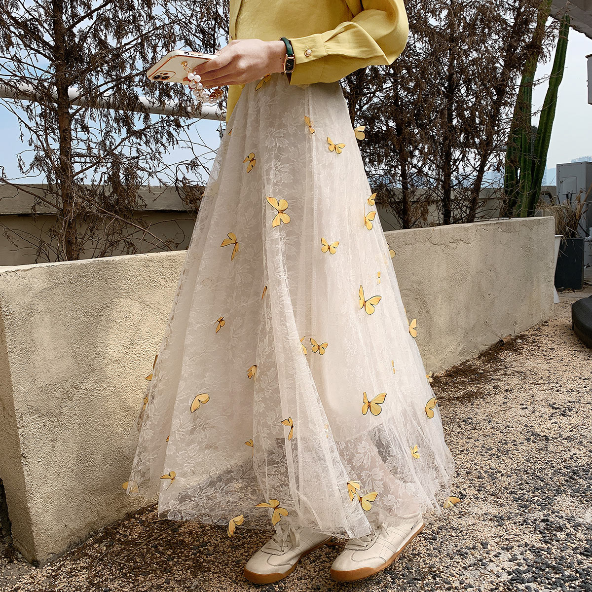 フレアスカート 花柄刺繍チュール重ねひざ下丈フレアスカート