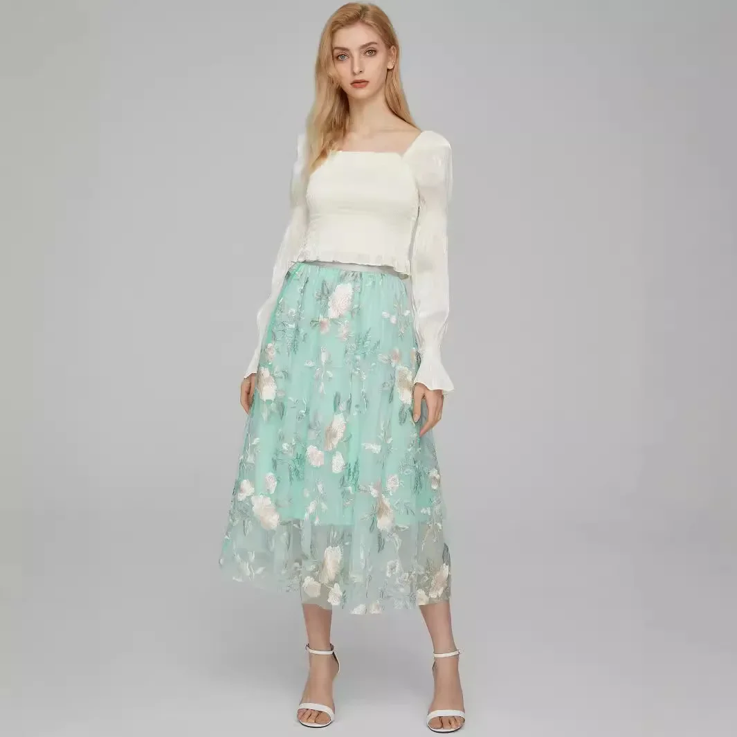 フレアスカート 花柄刺繍チュール重ねフレアスカート