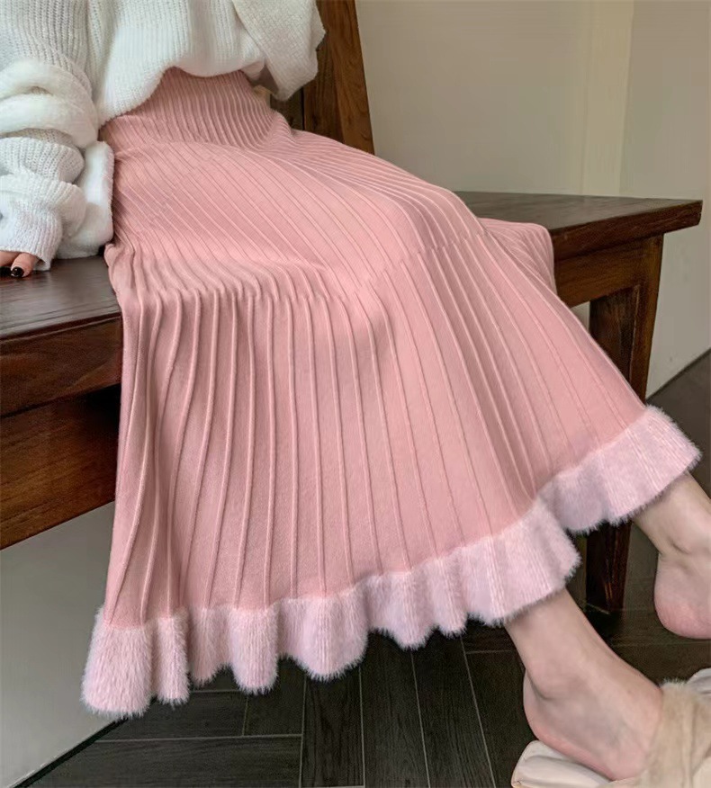 フレアスカート 裾切替プリーツニットフレアスカート