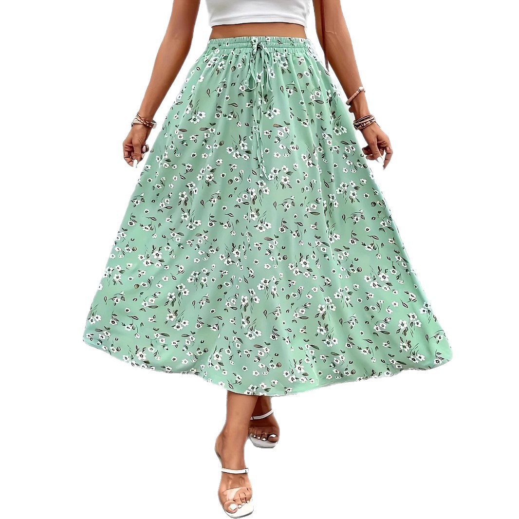 フレアスカート 小花柄ウエストゴムリボン付きフレアスカート