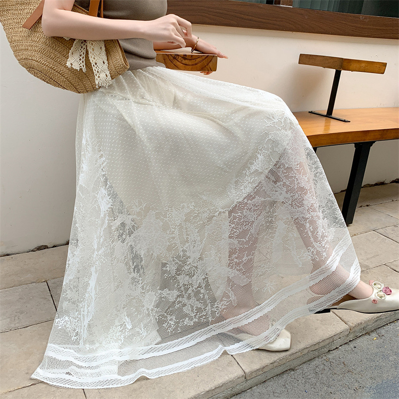 フレアスカート 花柄刺繍レース切替フレアスカートマキシ丈