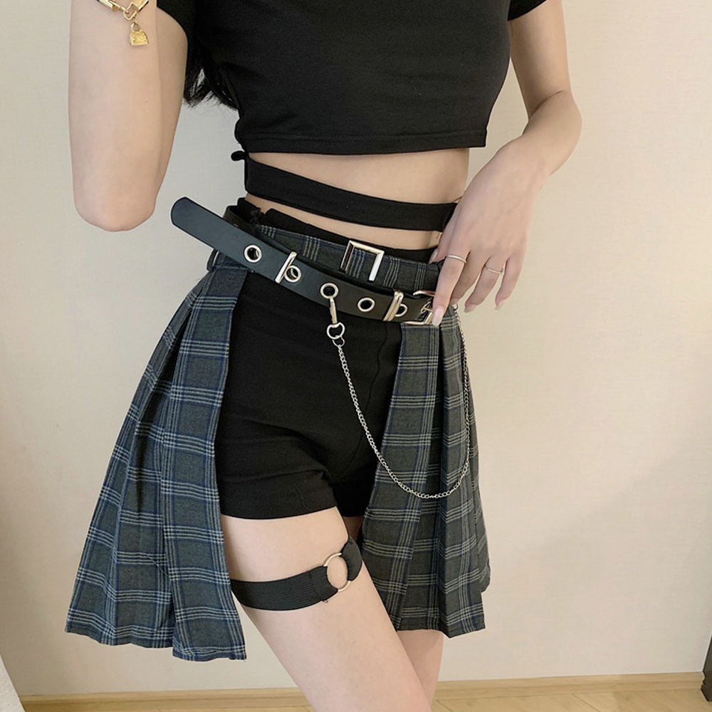 原宿系チェック柄ベルト付きミニ丈非対称フレアスカート韓国風
