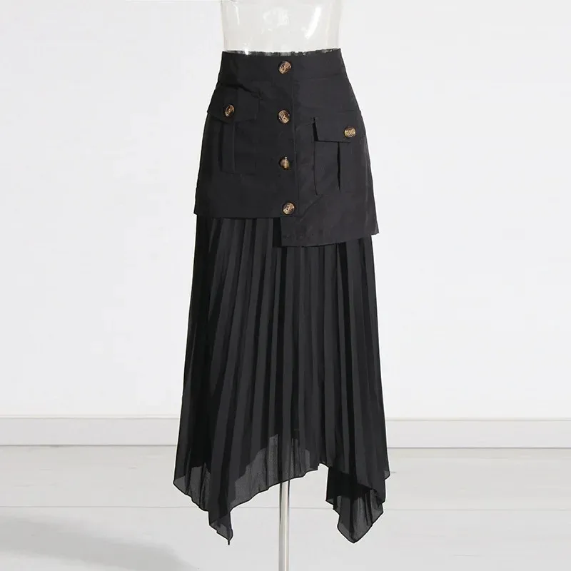 フレアスカート 金ボタン付きプリーツ切替フレアスカート