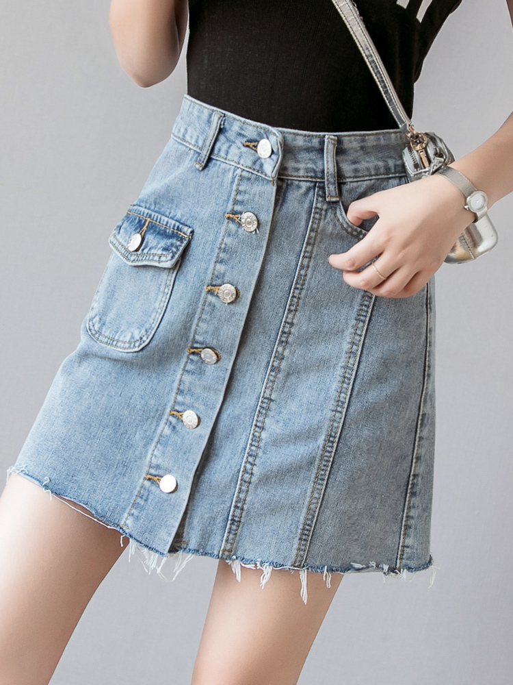 フレアスカート 前ボタンポケット付きデニムフレアスカート