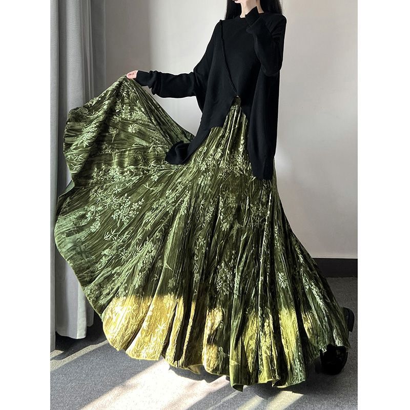 フレアスカート 光沢ベルベットプリーツフレアマキシスカート