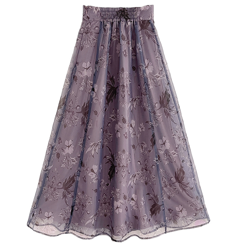 フレアスカート 花柄刺繍オーガンジー重ね着風フレアスカート