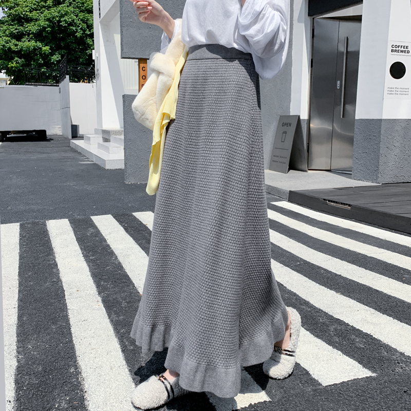 フレアスカート ワッフル編み裾フリルフレアスカート