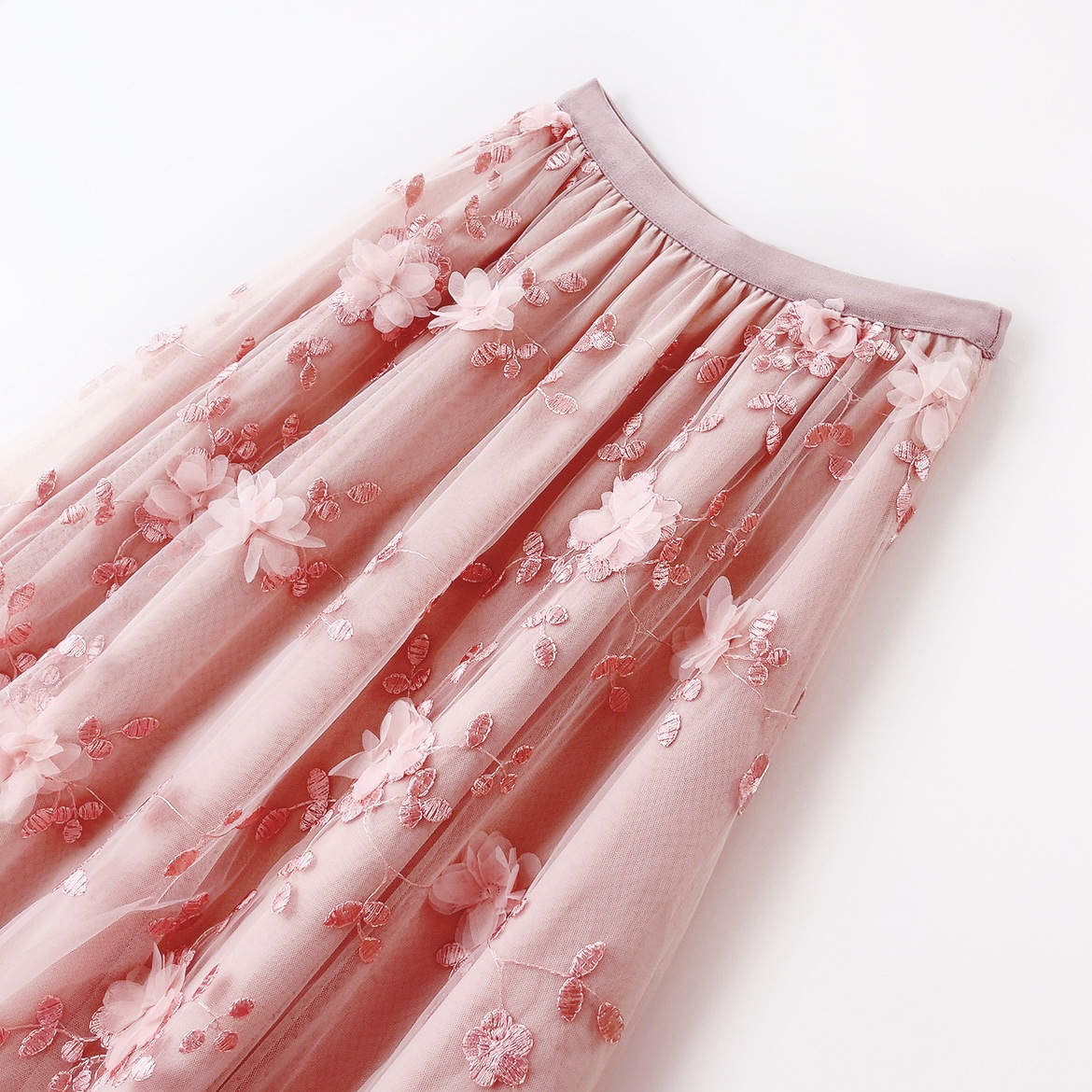 フレアスカート 立体花刺繍チュールフレアスカート