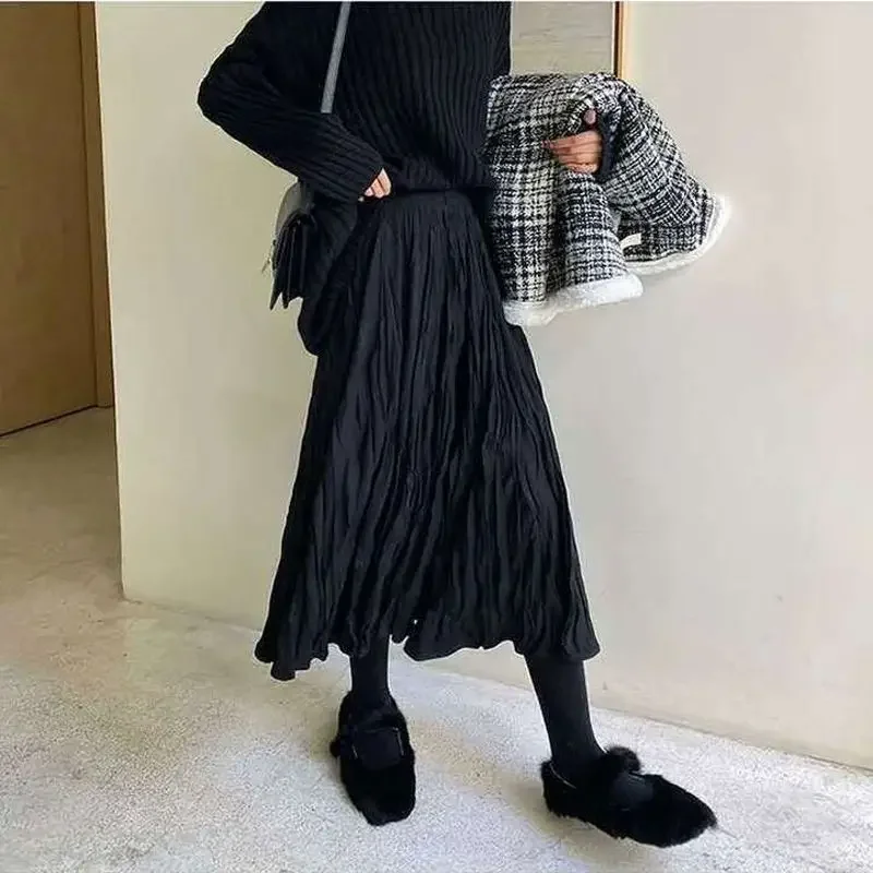 フレアスカート プリーツデザイン上品ひざ下フレアスカート