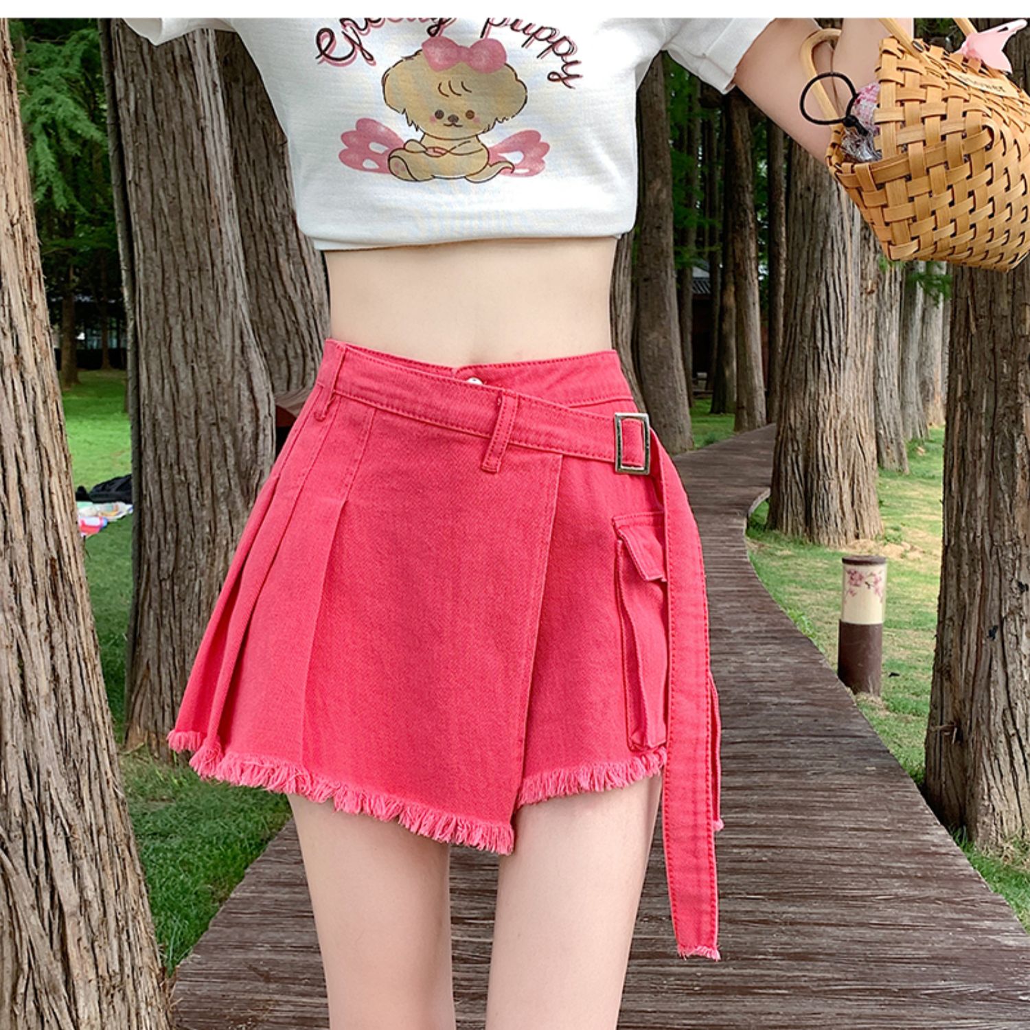 フレアスカート 裾フリンジ付きベルトデザインプリーツフレアスカート