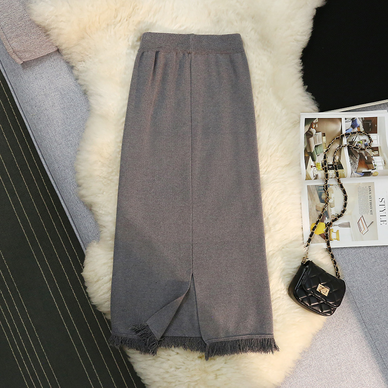 フレアスカート 裾フリンジニットフレアスカート