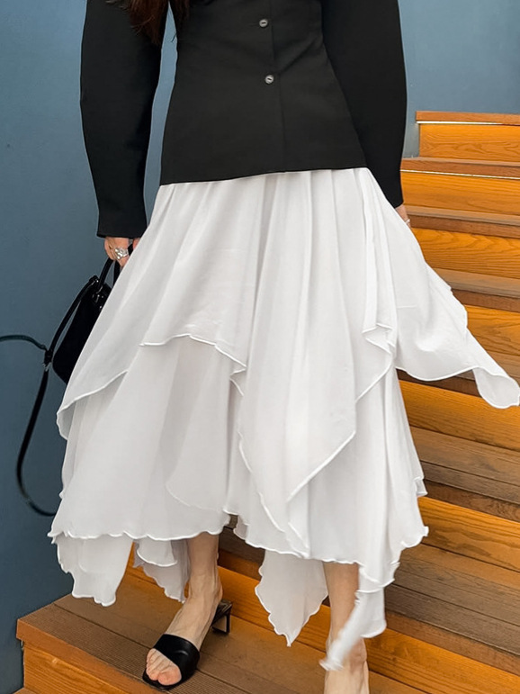 フレアスカート 不規則裾デザイン重ね着風フレアスカート