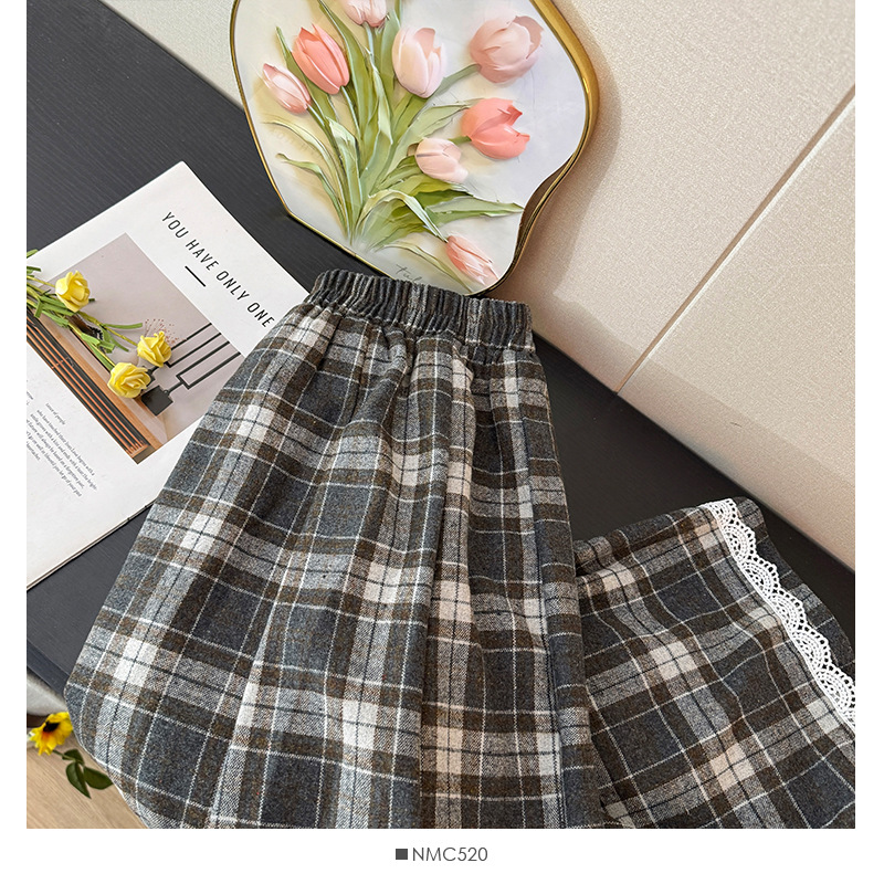 フレアスカート 格子柄レース裾飾りフレアスカート