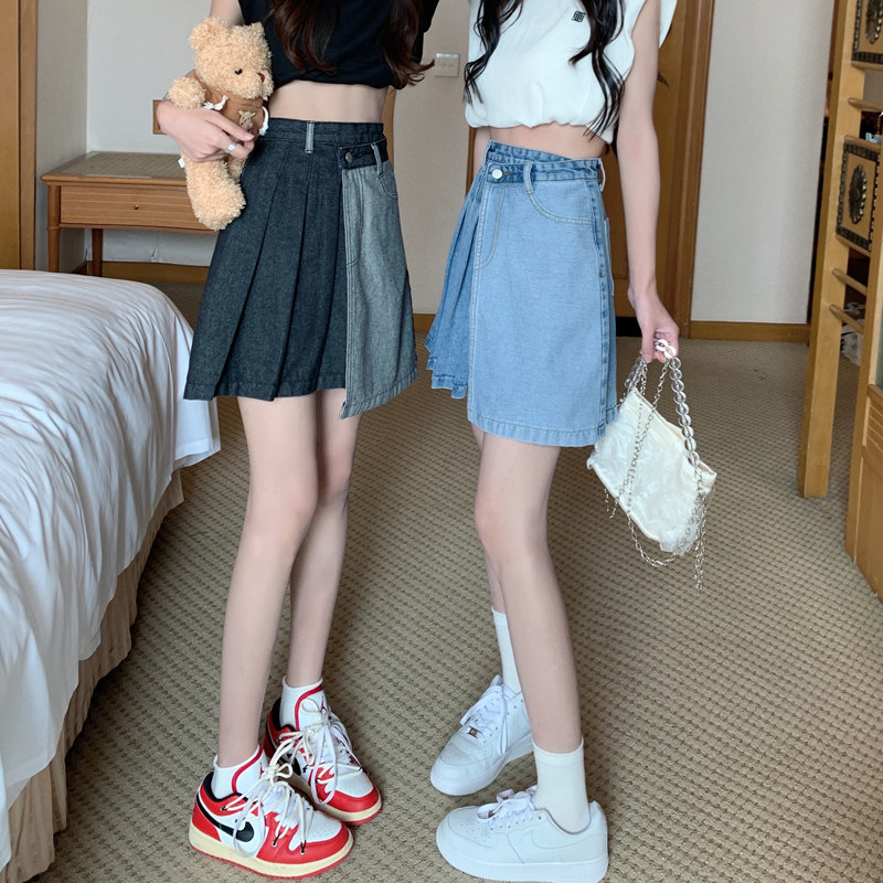 フレアスカート 配色切替デニムプリーツフレアスカート