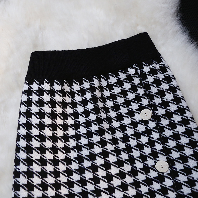 フレアスカート 千鳥格子切替フリンジ裾フレアスカート