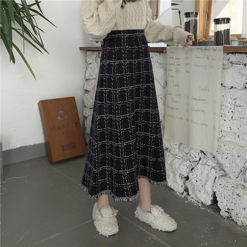 フレアスカート 格子柄ツイード調フリンジ付きフレアスカート