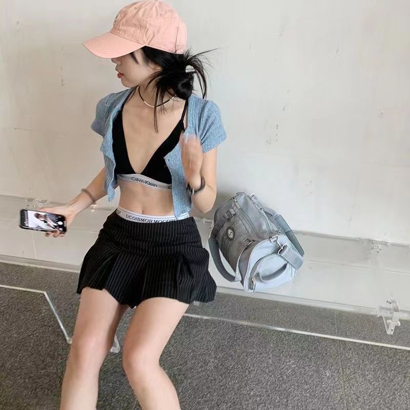 フレアスカート ロゴ入りウエストバンドストライププリーツスカート