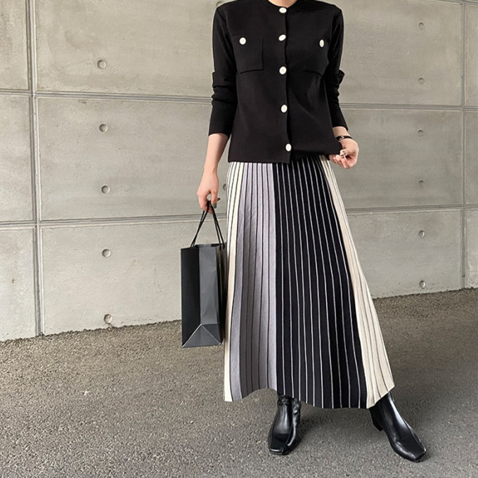 フレアスカート 配色切替プリーツフレアスカートマキシ丈