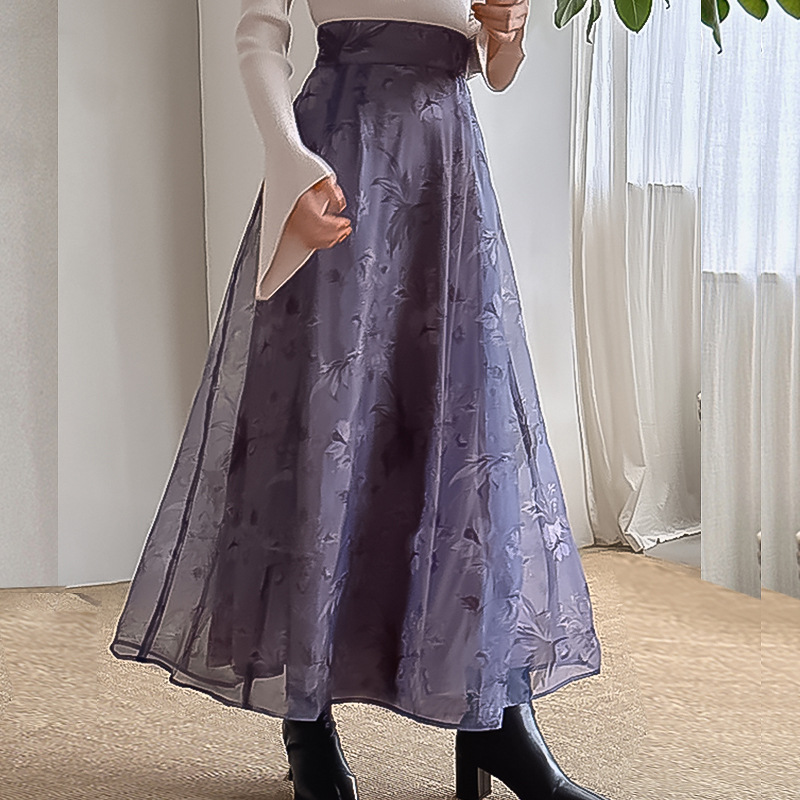 フレアスカート 花柄刺繍オーガンジー重ね着風フレアスカート