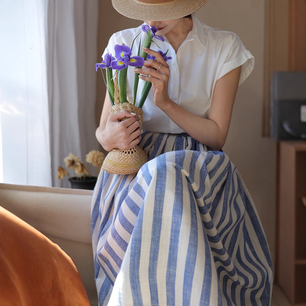 フレアスカート 爽やかストライプ柄ウエストゴムフレアスカート