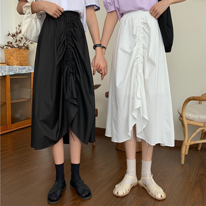 フレアスカート 裾絞り紐付きフリル装飾フレアスカート