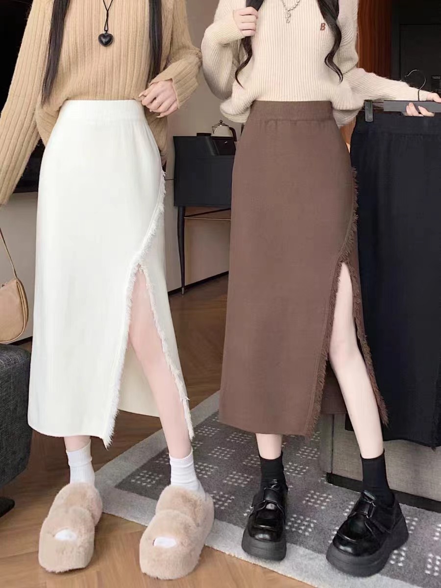 フレアスカート フリンジデザインサイドスリット入りフレアスカート