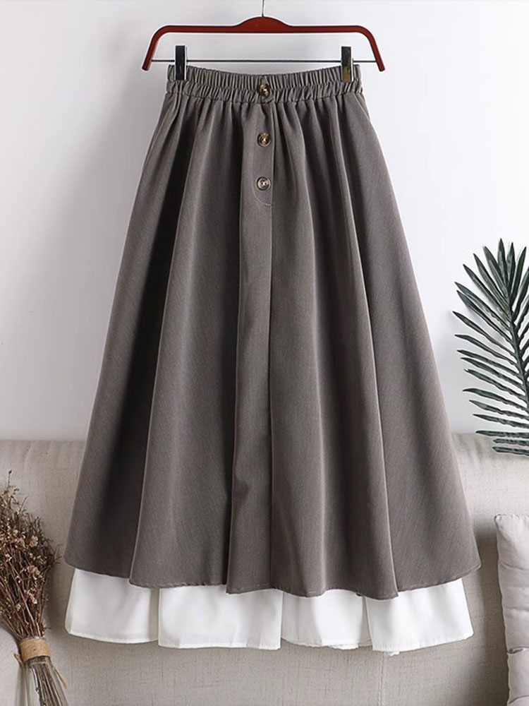 フレアスカート 重ね着風ボタン付きフレア型ひざ丈スカート