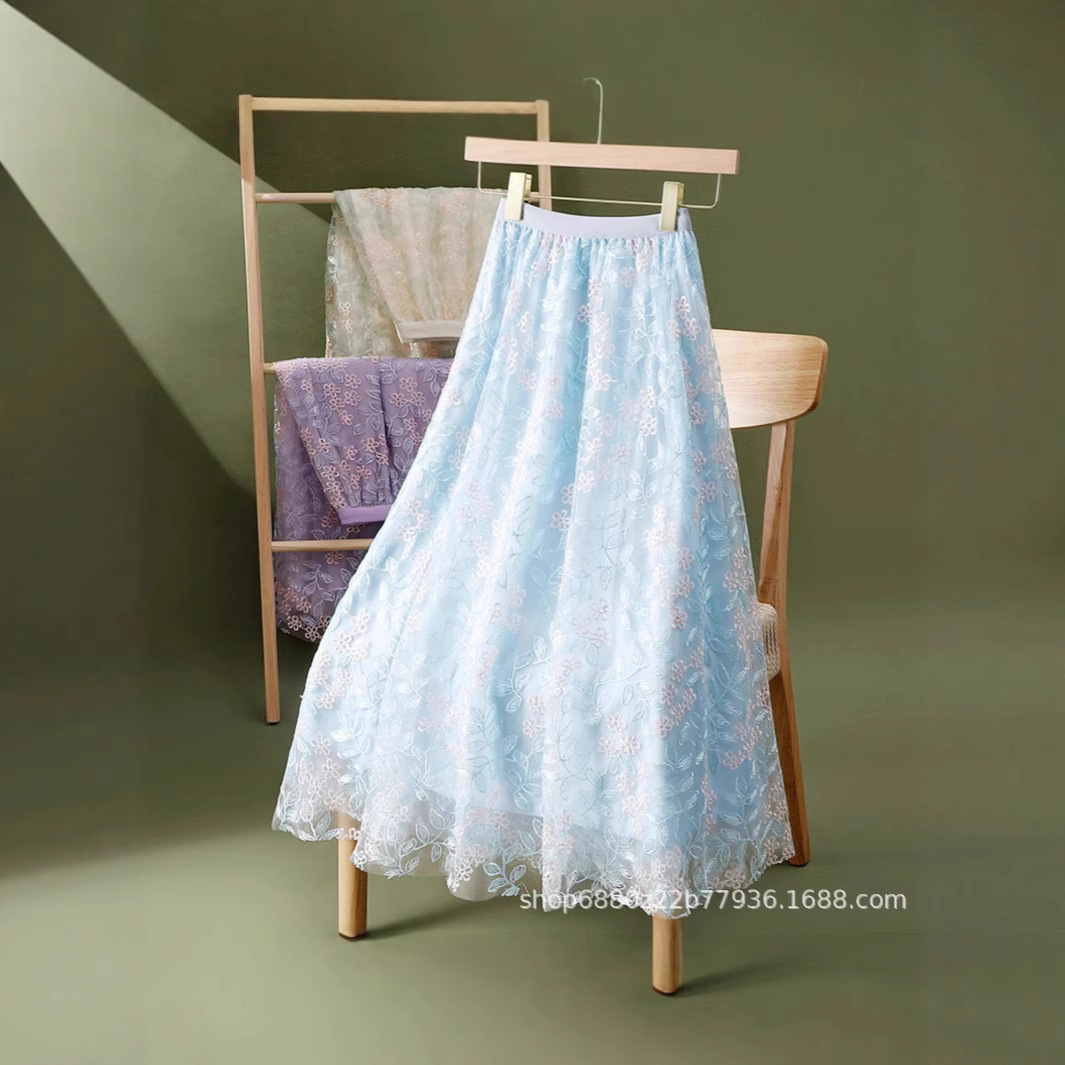 フレアスカート 小花刺繍チュールレース透け感フレアロングスカート