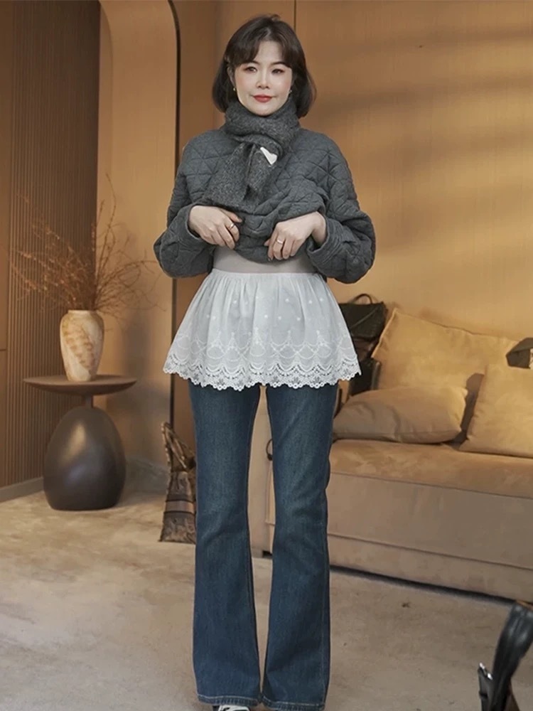 フレアスカート 裾刺繍レース切替フレアスカートミニ丈