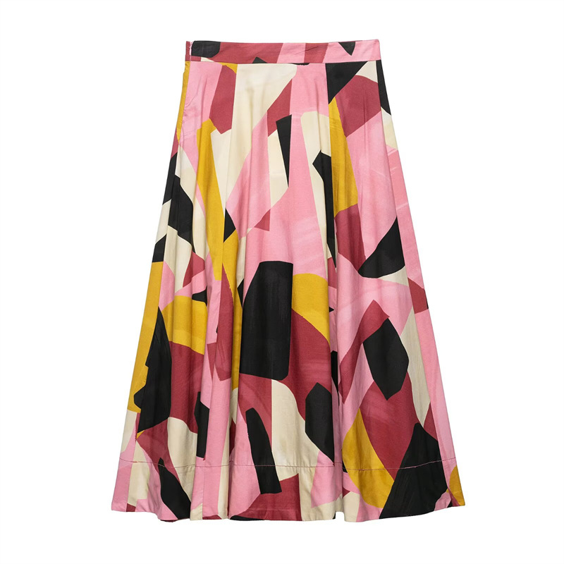 フレアスカート 幾何学模様の芸術的フレアスカートマキシ丈