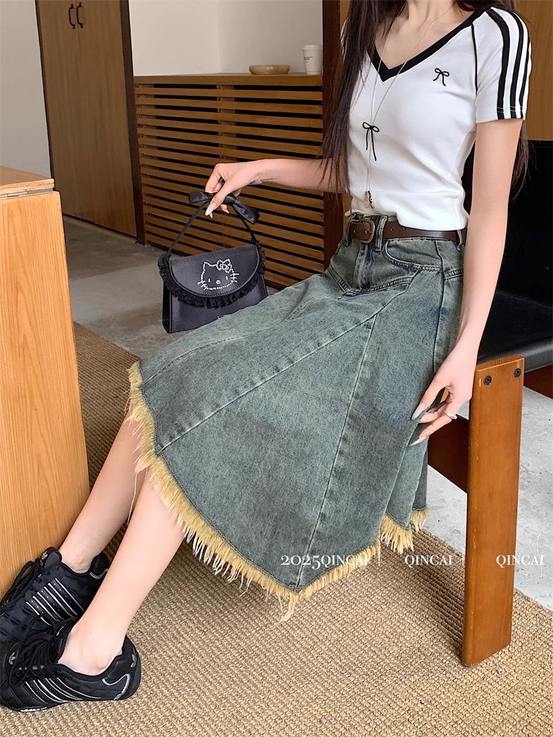 フレアスカート 裾フリンジデニムフレアスカート