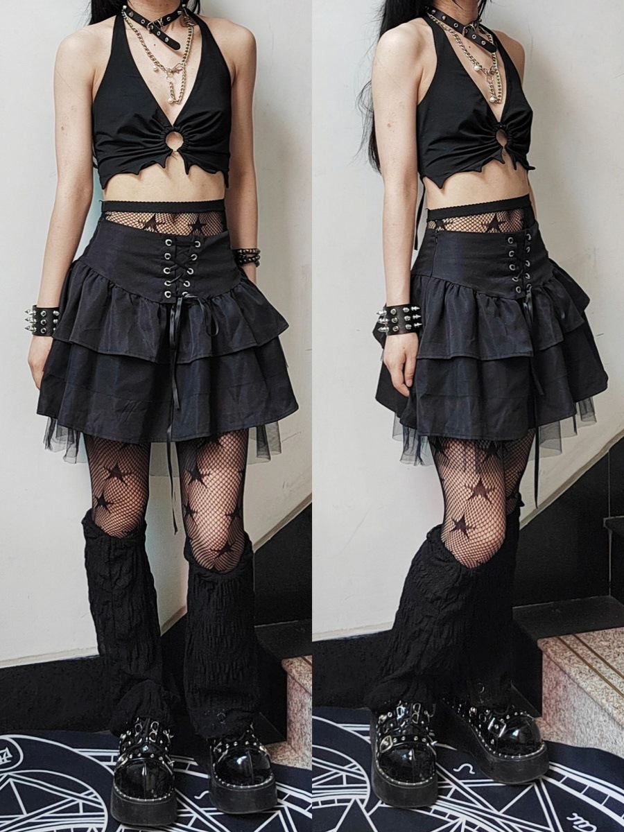 フレアスカート 編み上げリボン付き二段ティアードフレアスカート