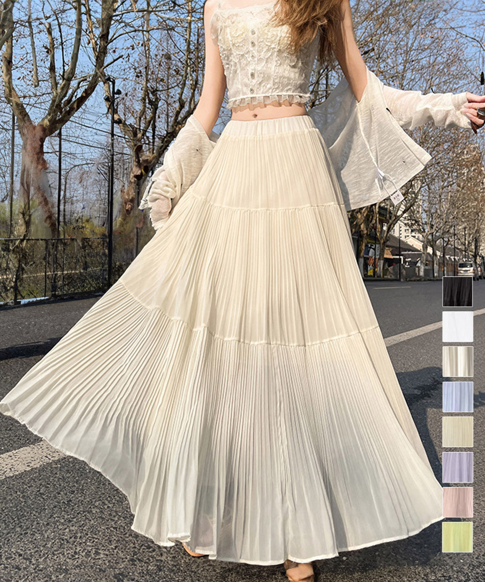 フレアスカート シフォンプリーツ マキシ丈ロングスカート