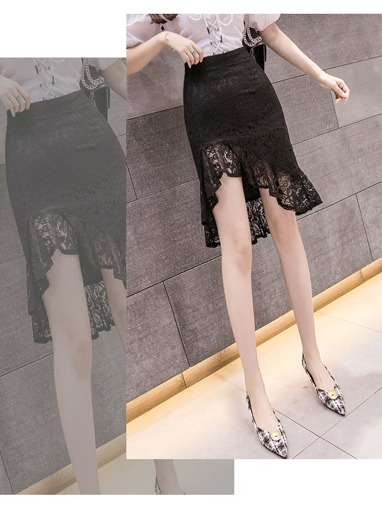 フレアスカート 総レース裾フリル前後差アシンメトリーフレアスカート