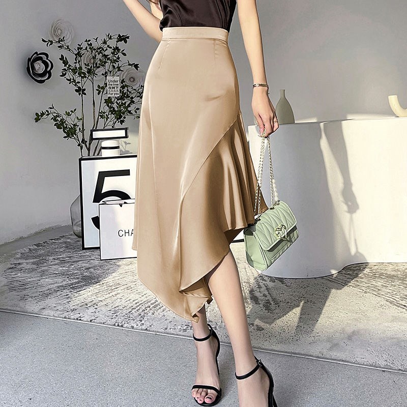 フレアスカート 不規則裾フレアスカート大人上品ひざ丈